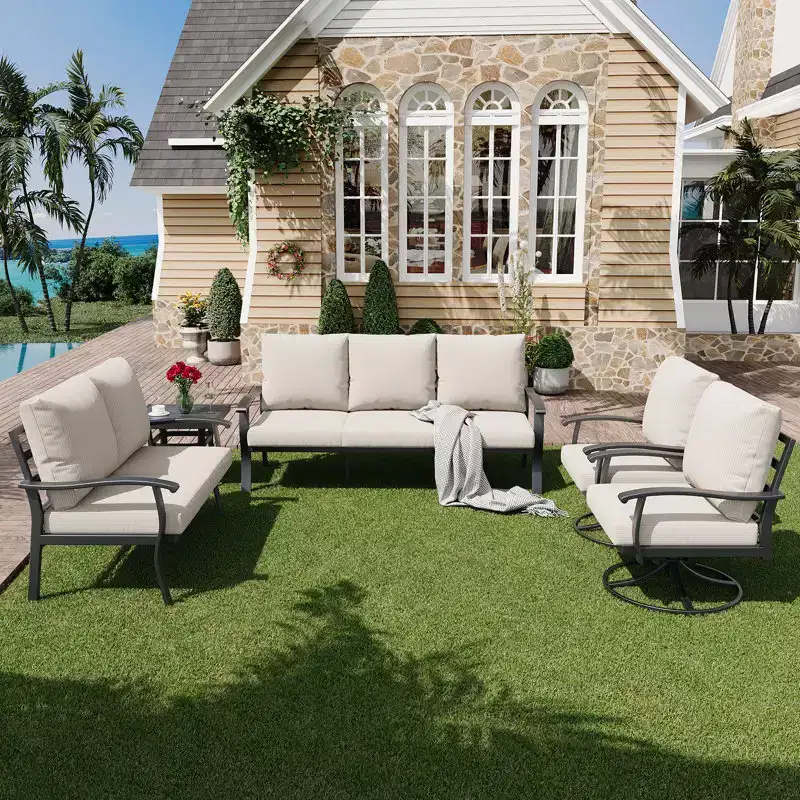 EROMMY 5 PCS Outdoor Metal Conversation Set With 360 Swivel Rocking Chairs, Sofa, Loveseat & Coffee Table For Patio, Garden, Deck Or Poolside