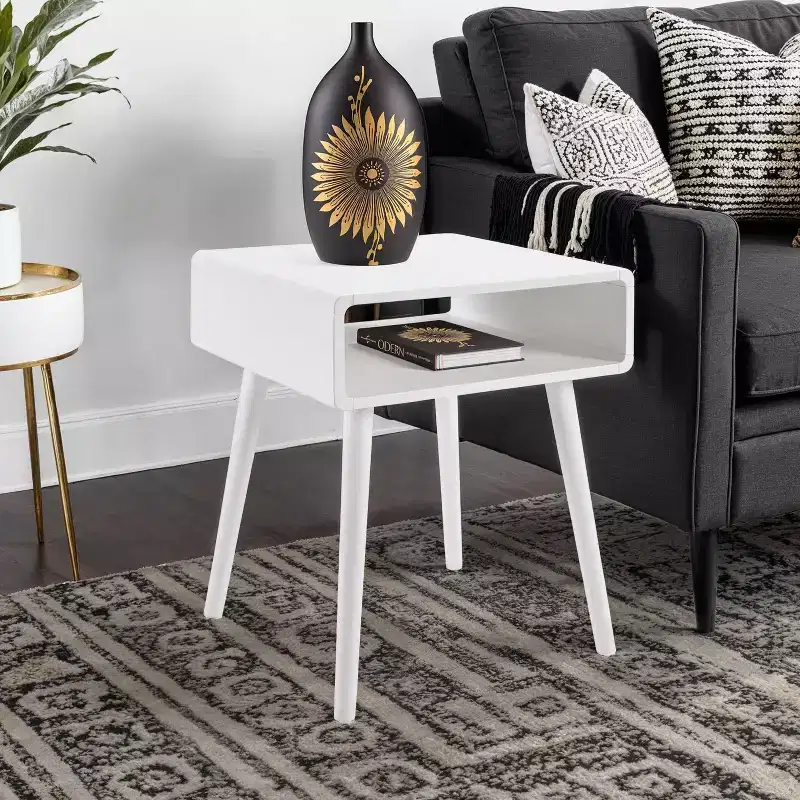 Belmont End Table with Shelf, Mid Century Modern Side Table with Open Cubby, Curved Edges, Tapered Legs and Spacious Surface