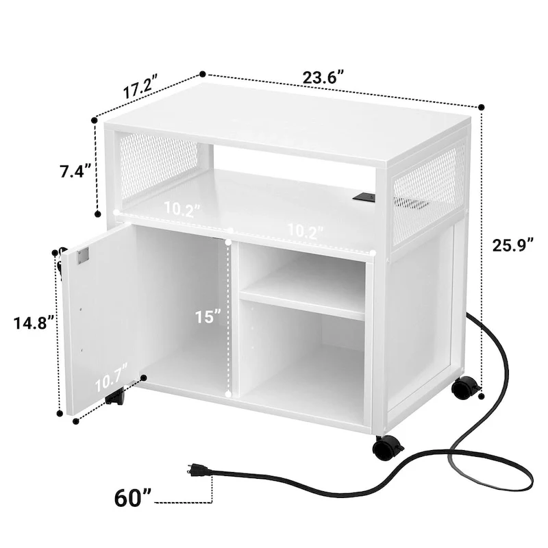 Rolling File Cabinet Lateral Office Filing Cabinets with Charging Station,Modern Printer Stand on Wheels