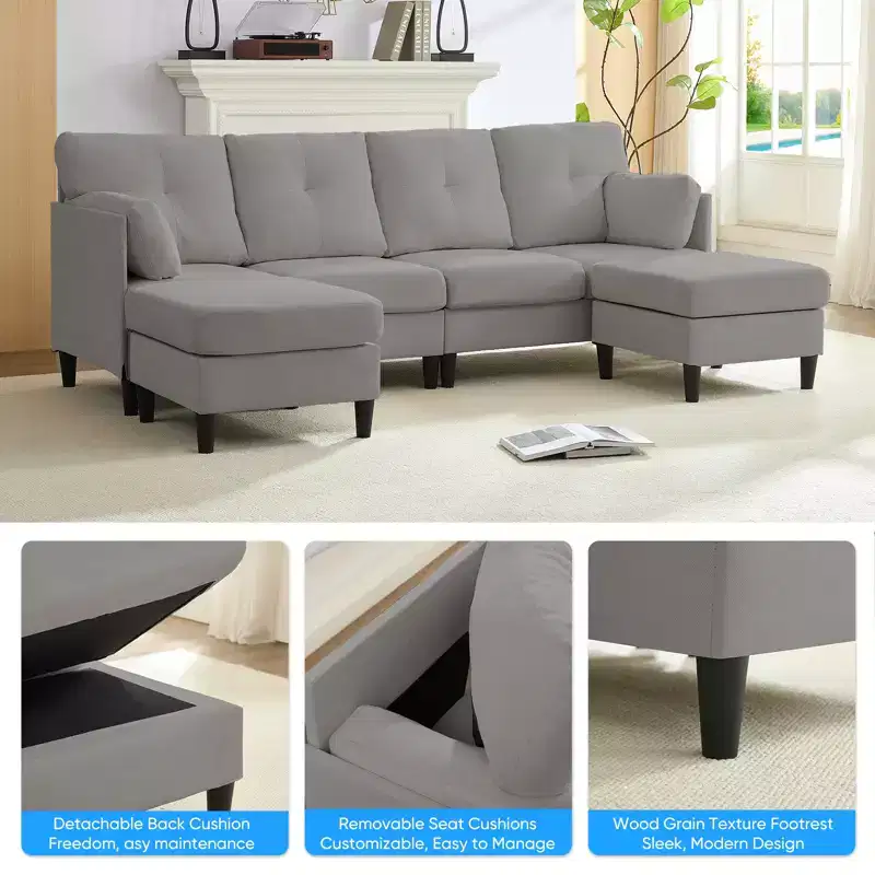 Mjkone Modular Convertible Sectional Sofa Couch, Upholstered Comfy Fabric 4-Seater Sofa with Movable Ottomans