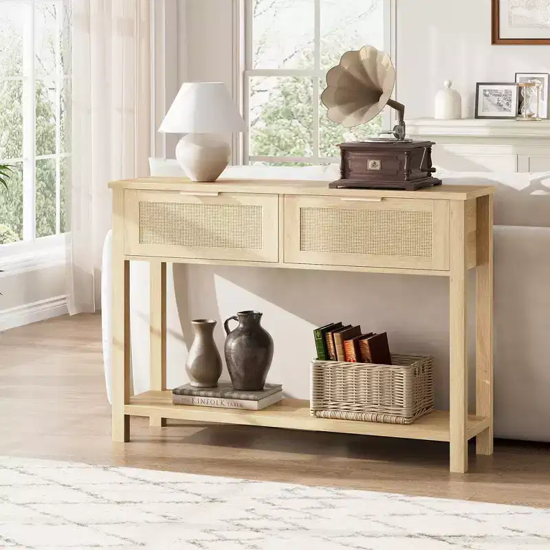 43 Inch Farmhouse Rattan Console Tables for Entryway, Narrow Wood Couch Table Behind Sofa, Boho Console Sofa Table, for Living Room