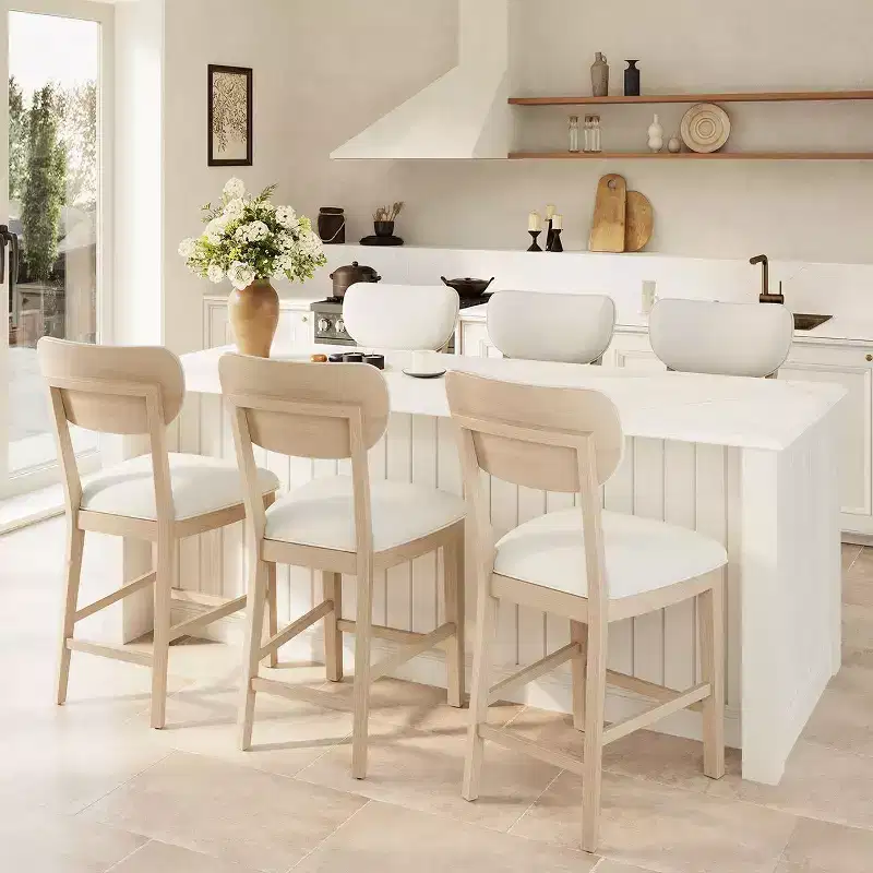 Solid Wood Farmhouse Upholstered Counter Height Bar Stools with Curved Back