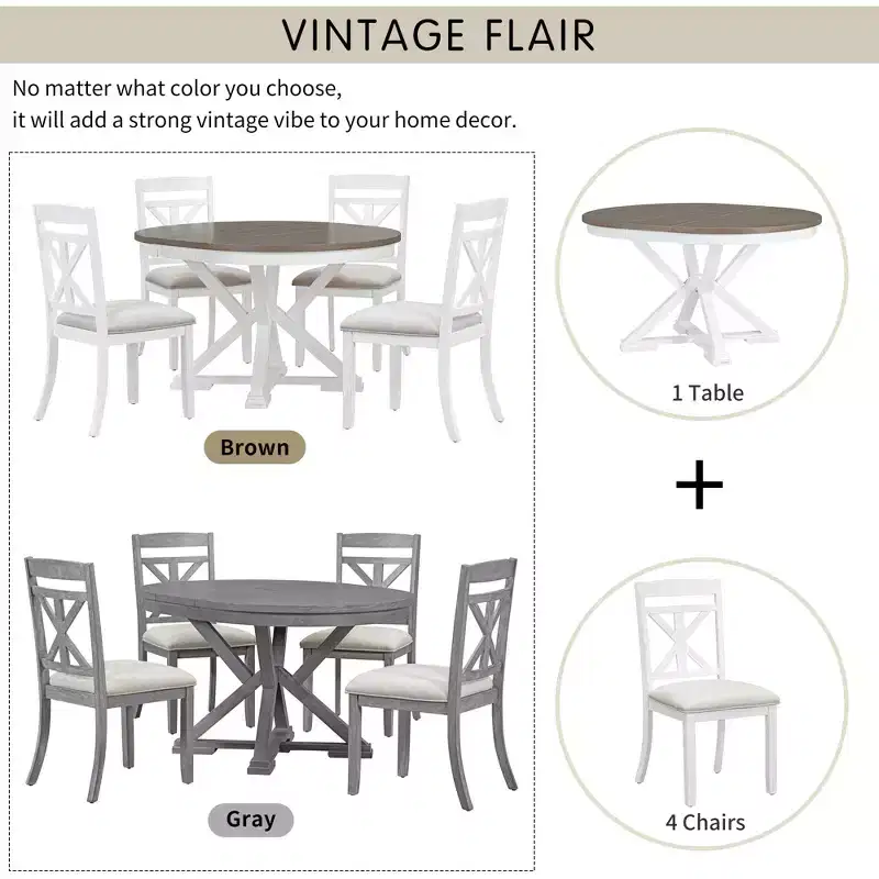 Whisen 5-Piece Extendable Wood Dining Table Set with 4-Upholstered Chairs