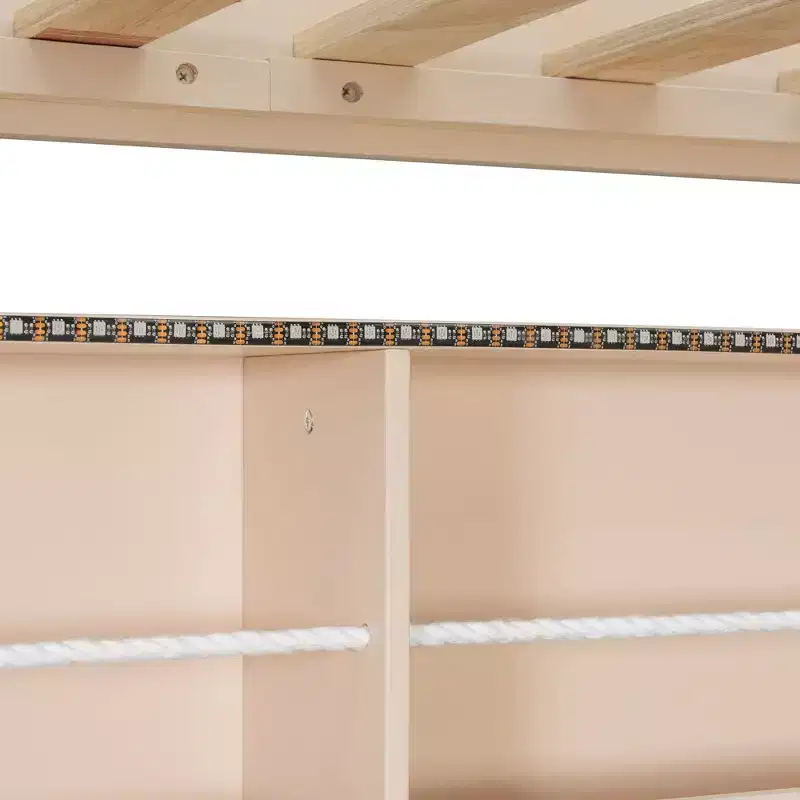 Full Xl Over Queen Low Bunk Bed With Built In Lighted Shelves And Pegboard