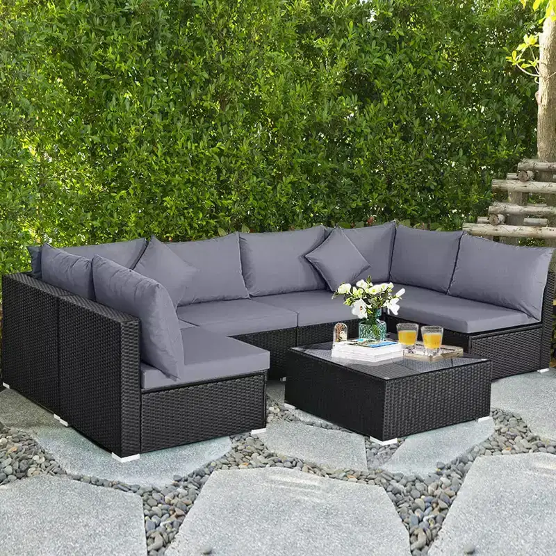Costway 7PCS Patio Rattan Sofa Set Sectional Conversation Furniture Set Garden Beige/Navy/Gray