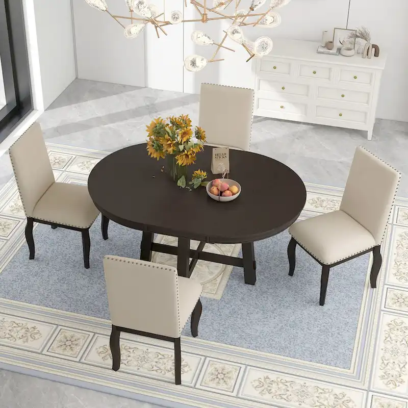 5-Piece Wooden Dining Table Set with Extendable Round Table & 4 Chairs