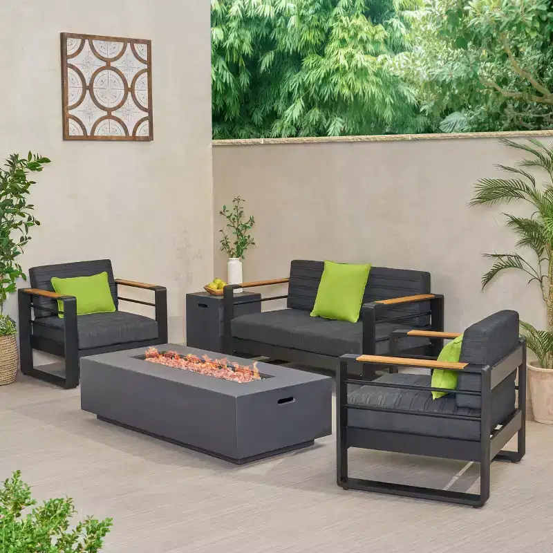 Christopher Knight Home Giovanna Outdoor Aluminum 4-Seater Chat Set with Lightweight Concrete Fire Pit, Black/Dark Gray