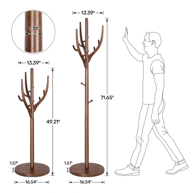 Adjustable Tree-branch Coat Rack Freestanding, Rubberwood Coat Tree - 16.54Dia. x 71.65H