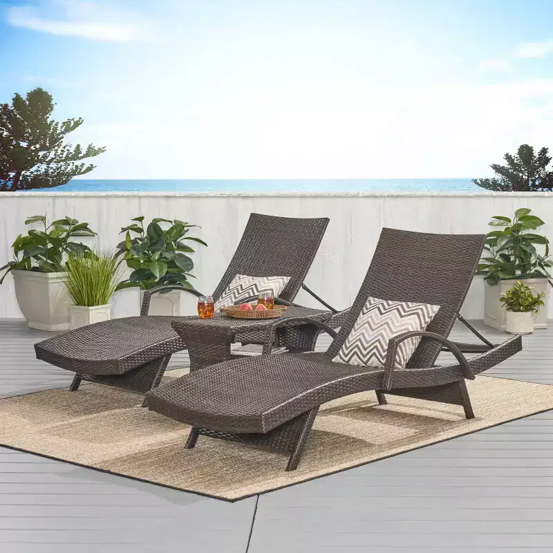 Megalo 3pc All-Weather Wicker Patio Chaise Lounge w/ Side Table - Brown - Christopher Knight Home