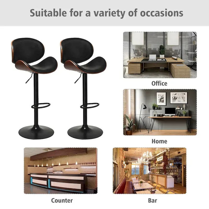 Costway Set of 2 Bentwood Barstool Mid-Century Adjustable Swivel PU