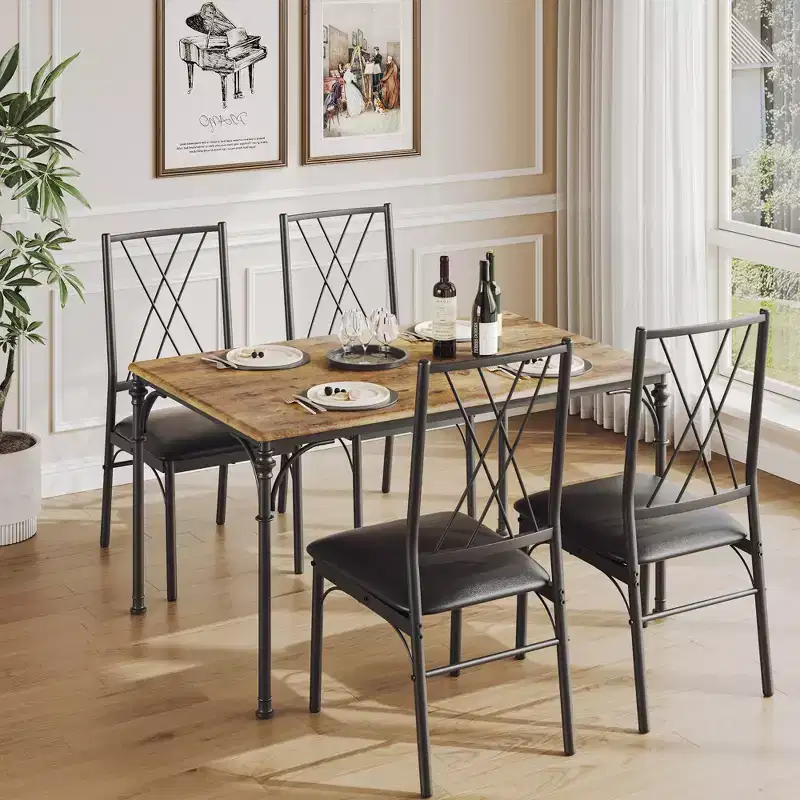 Dining Table Set for 4 with 4 Metal Chairs and Wood Indoor Modern Rectangular Dining Table Furniture, 5-Piece