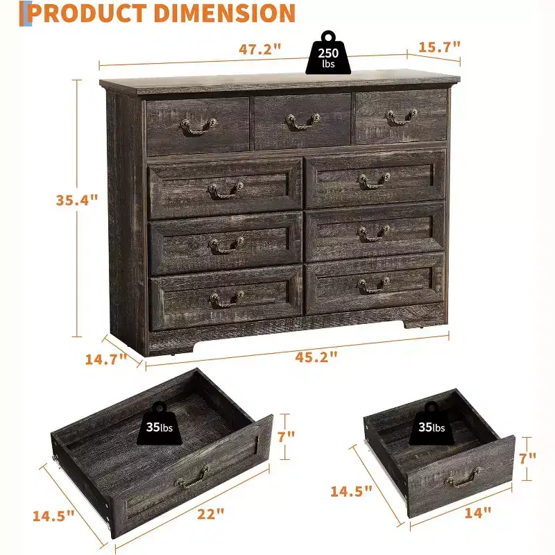Dresser for Bedroom with 9 Drawers,47 Wide Vintage Chest of Drawers with Metal Handle & Natural Texture,Wood Dresser for Living Room,Hallway
