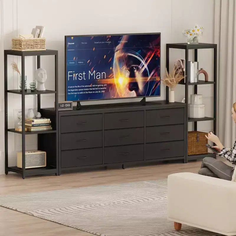 TV Stands Dresser with 9 Fabric Drawers and 2 Industrial 4-Tier Storage Shelves for Living Room