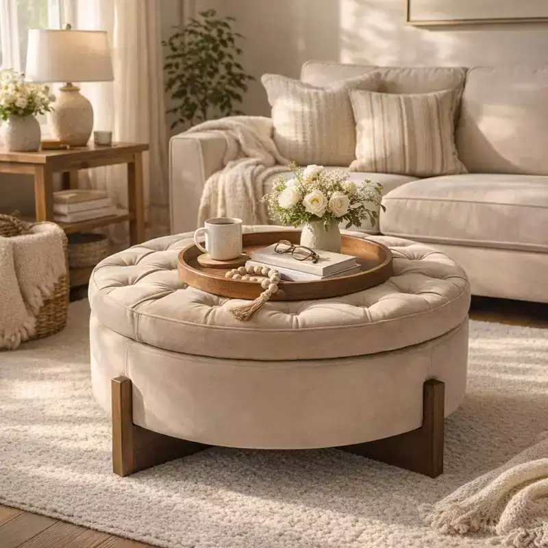 Modern Wooden Upholstered Round Storage Ottoman with Tufted Design and Reversible Lid