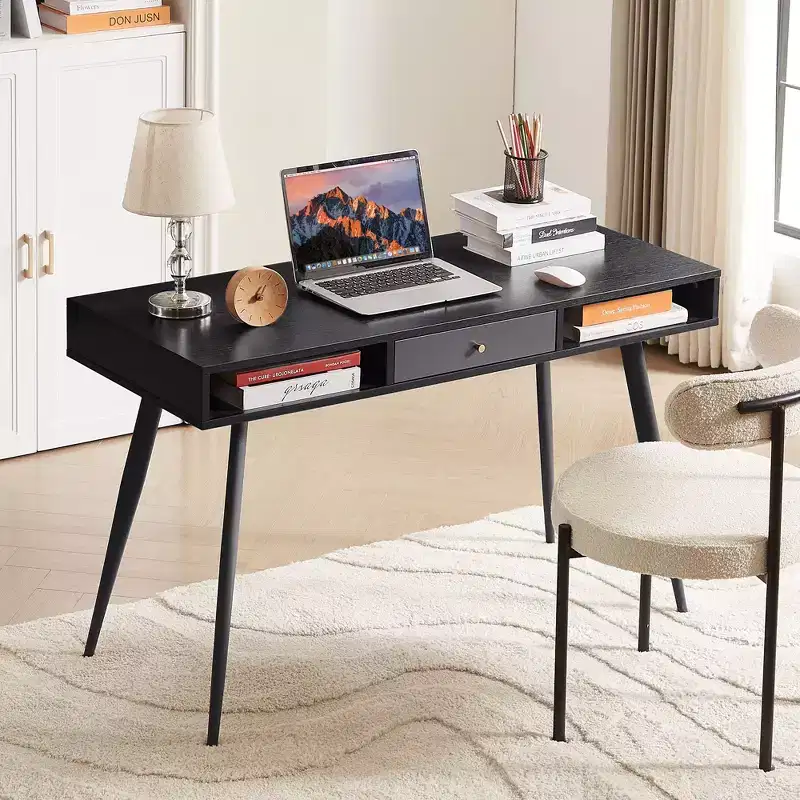 Okak 47.24IN Modern Office Desk with Minimalism Design, Computer Desk with 1 Drawers and 2 Shelves, Small Desk for Home, Office