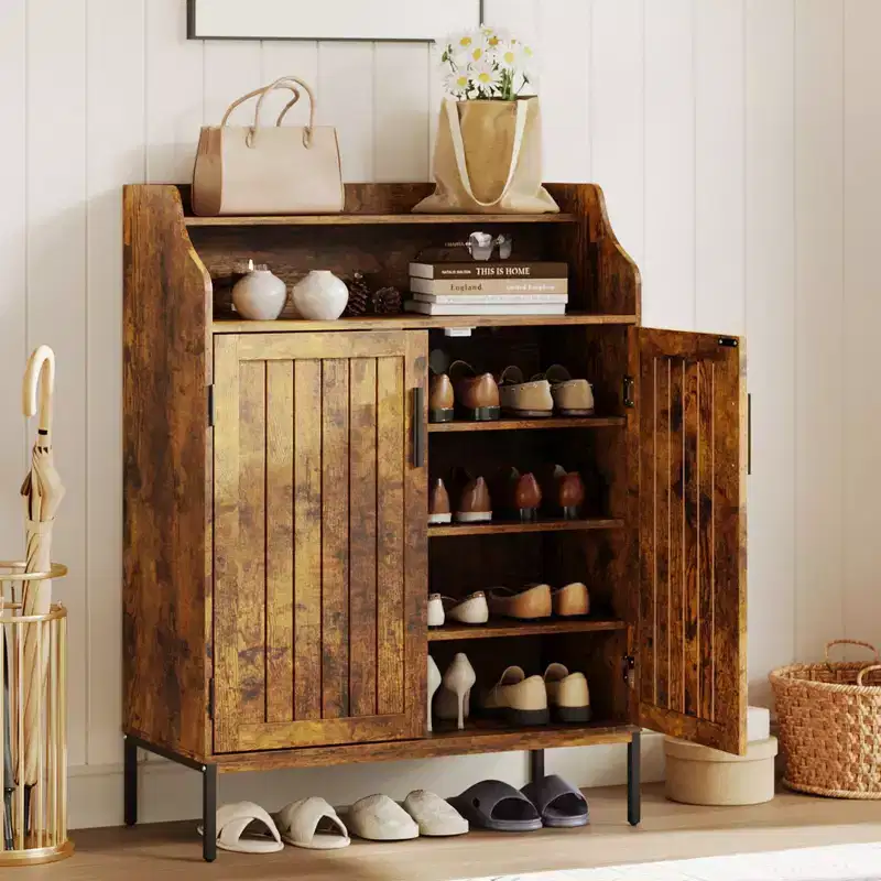 Modern Shoe Storage Cabinet  4-Tier Wooden Organizer with 3 Adjustable Shelves, Freestanding Hallway Entryway Cabinet