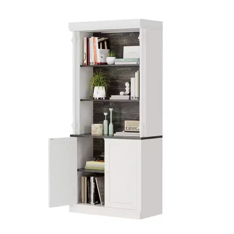 Double Door Bookshelf MDF Iron Roman Columns - Tri-Color Storage Cabinet White Dark Gray, Vintage Home Decor