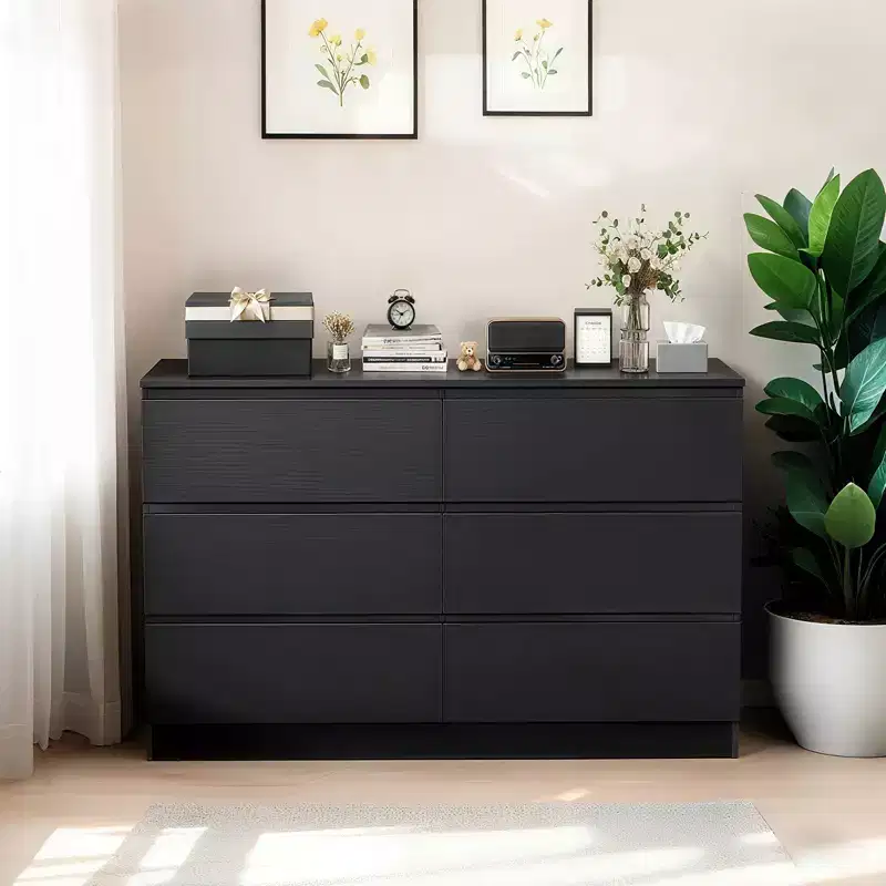 JVNOXK6 Drawer Black Dresser, Modern Bedroom Dresser with Spacious Countertop, Wood Storage Cabinet with Concealed Handles