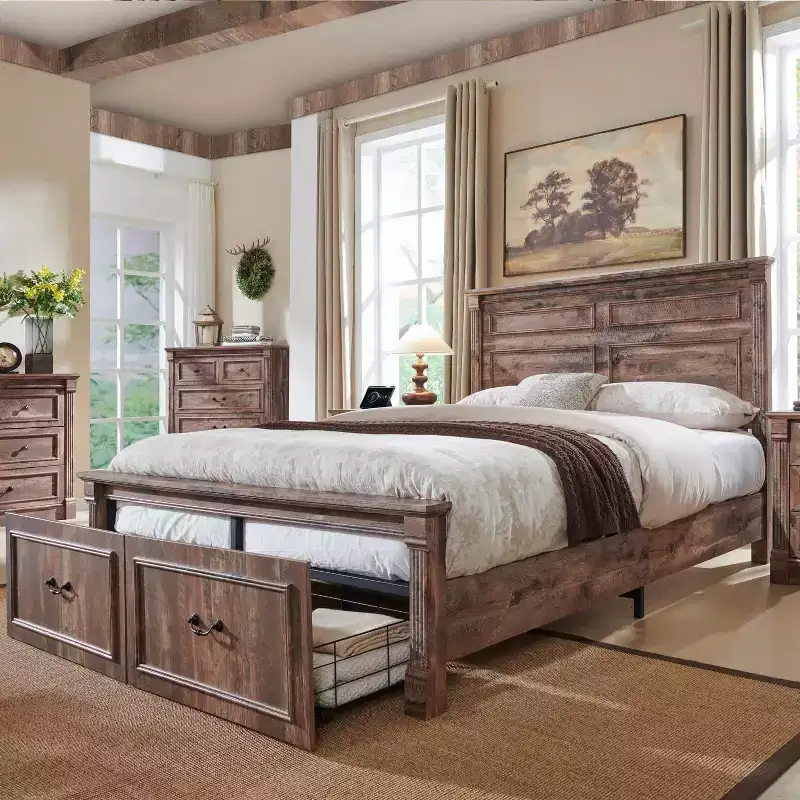 Mastgoal Queen Size Bed Frame with 51 Tall Headboard, 20 Roman Footboard, 2 Large Storage Drawers, No Box Spring Needed