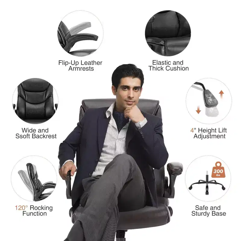 Okak Ergonomic Office Chair with Adjustable Flip-up Armrest, Computer Chair with Lumbar Support and Metal Base, Swivel Chair for Home, Office