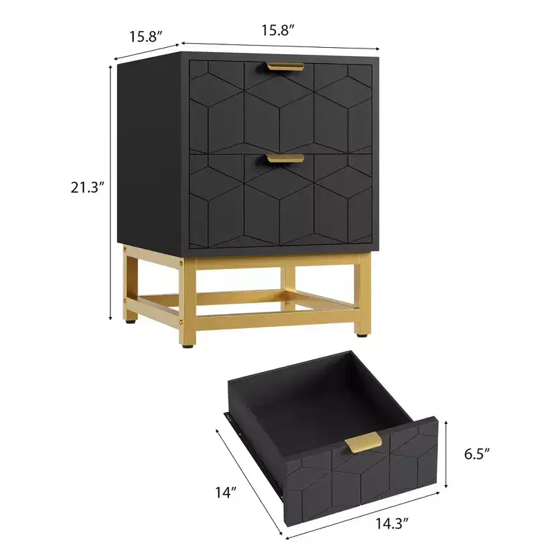 Small 2 Drawer Dresser with Gold Metal Base for Living Room, Hallway, Entryway, Nightstand