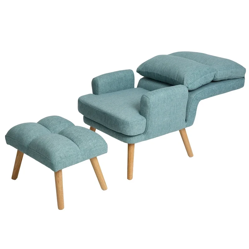 Accent Chair with Ottoman Set, Fabric Armchair with Wood Legs and Adjustable Backrest , Mid Century Modern Comfy Lounge Chair