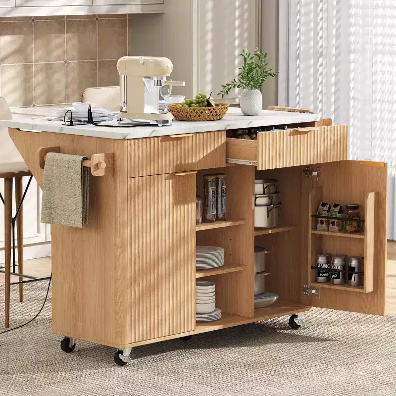 52 Farmhouse Mobile Kitchen Island with Drop Leaf and Faux Marble Top, Rolling Kitchen Cart with Storage for Kitchen or Dining Room-