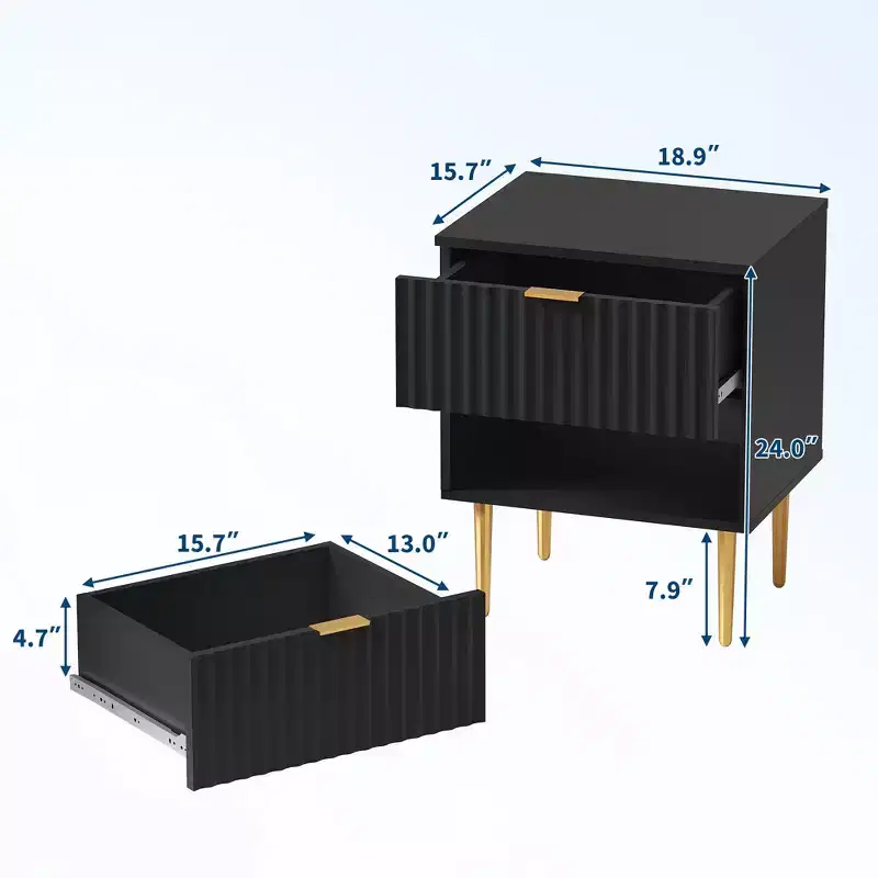 24Modern Fluted Nightstand with Charging Station & 2 Drawers, Gold & Wood Bedside Table with USB Ports & Outlets, for Bedroom, Apartment