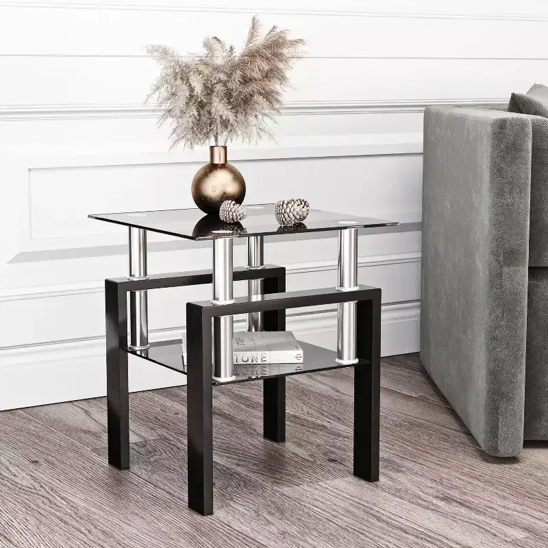 17.72 Black Tempered Glass Coffee Table, Square 2-Tier End Table with Metal Legs for Living Room Bedroom