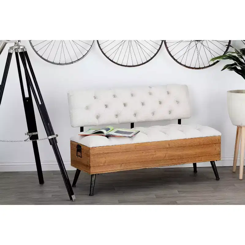 Industrial Wood Rectangular Upholstered Storage Bench White - Olivia & May: Entryway, Dining Seating