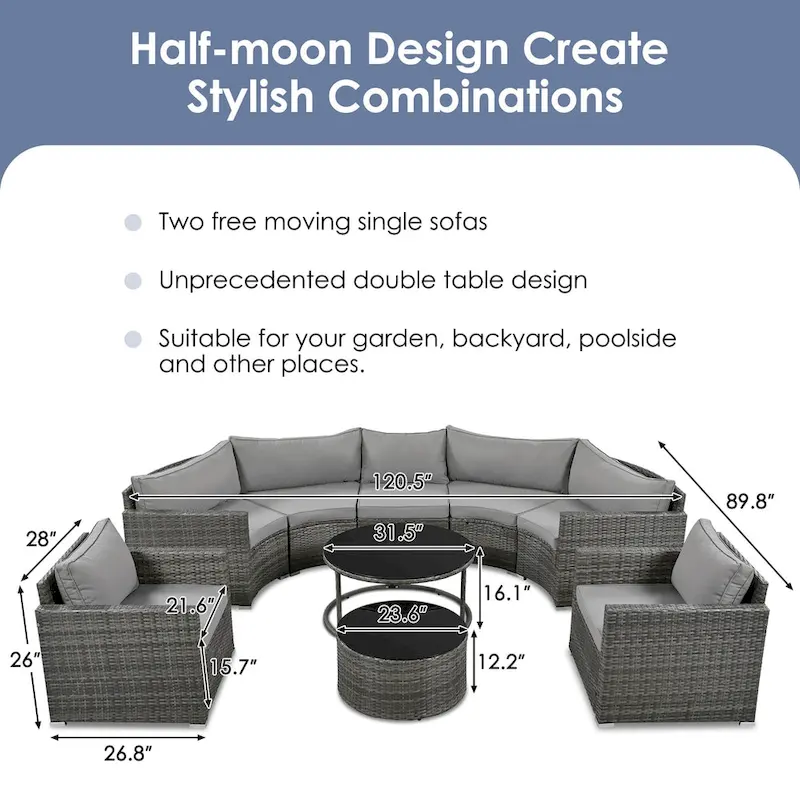 9-Piece Half-Moon Sectional Set with Nesting Table & Armchairs