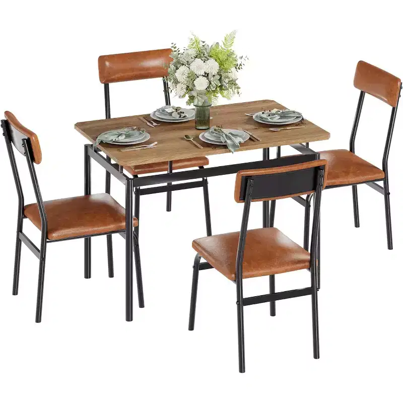 5 Piece Dining Table Set with Wooden Table & 4 PU Upholstered Chairs, Industrial Metal Frame, Compact Kitchen & Dining Room Set