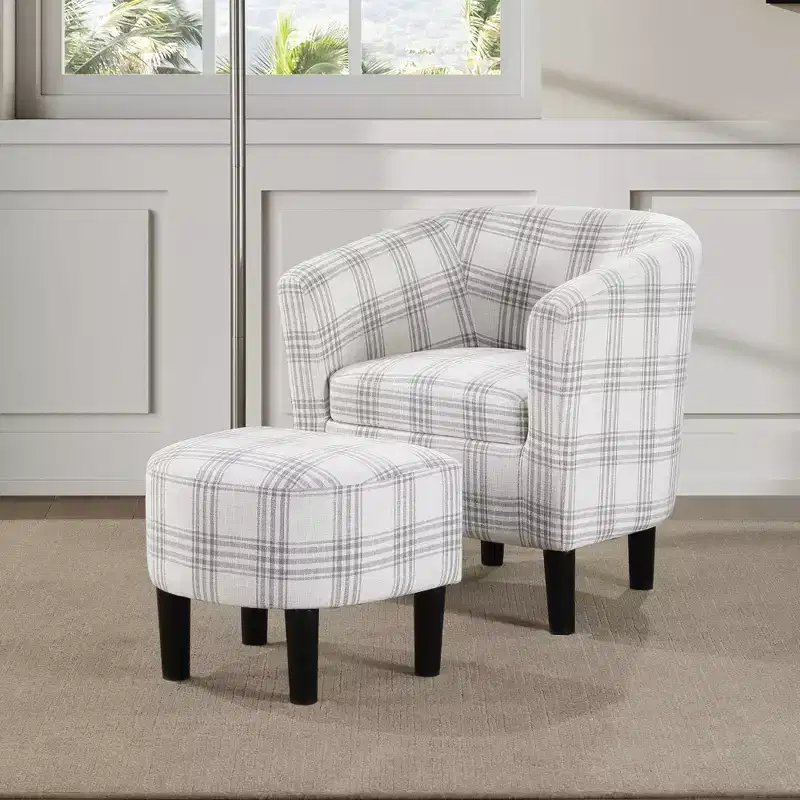 Breighton Home Take a Seat Churchill Accent Chair with Ottoman in Gray Plaid