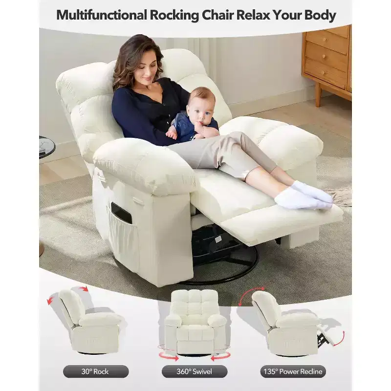 GustoWave Oversized Swivel Rocker Recliner Chair for Adult, 360 Swivel Rock Manual Recliner, Comfy Soft Fabric Reclining Sofa