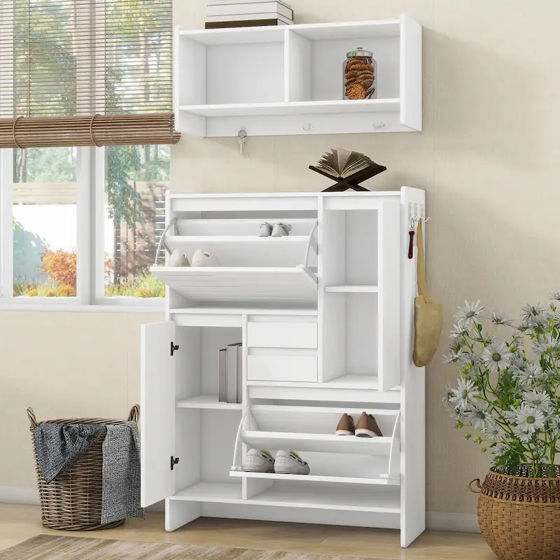 Shoe Cabinet with Wall Cabinet, Space-saving Design Foyer Cabinet with 2 Flip Drawers, Versatile Side Cabinet for Hallway, White