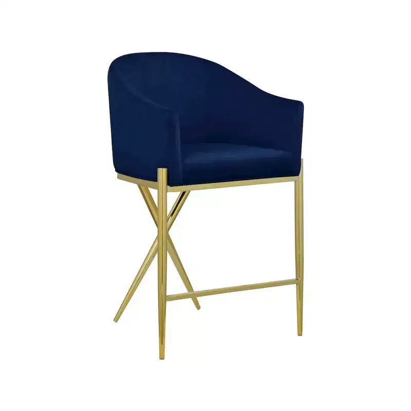 Navy Velvet Counter Stool with Gold Metal Legs & Mid-Back Design