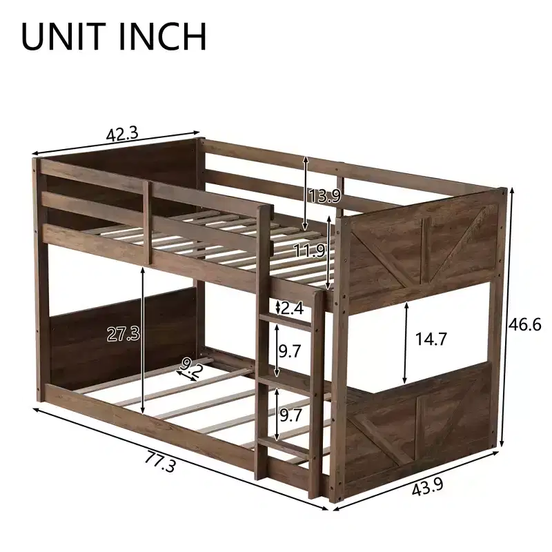 Twin over Twin Floor Bunk Bed with Panelled Headboard and Footboard, Rubber Wood Bunk Bed Frame with Guardrails and Ladder, Antique Oak