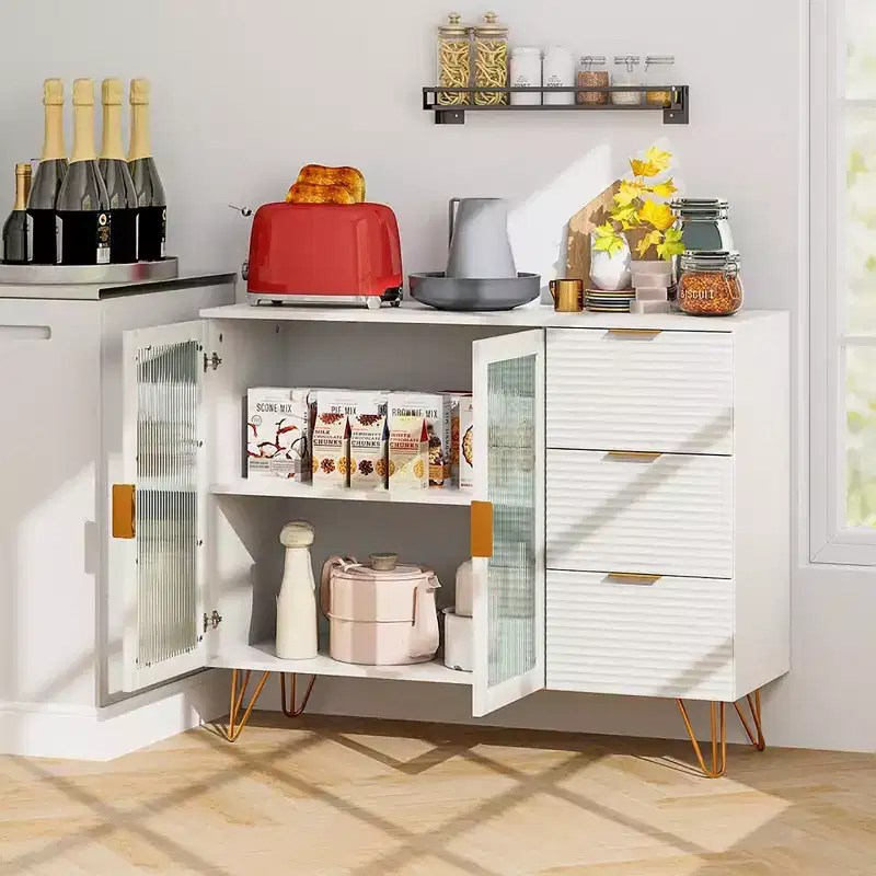 White Kitchen Sideboard Buffet Cabinet with 3 Drawers and 2 Doors