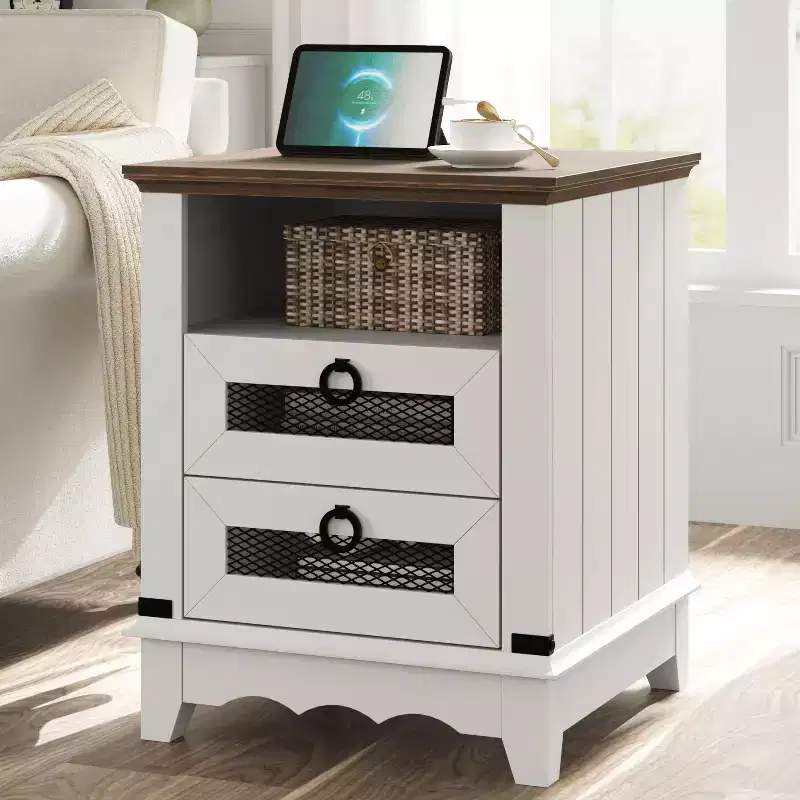 Farmhouse Nightstand with Charging Station, Drawers, Open Cubby Storage, Bedside Table for Bedroom Living Room