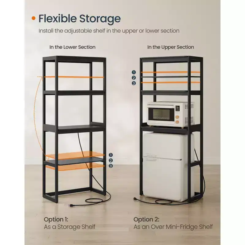 Kitchen Bakers Rack with Power Outlet, 4-Tier Coffee Bar Table with Adjustable Shelf, Mini Fridge Shelf, 15.7 x 23.6 x 66.9 Inches