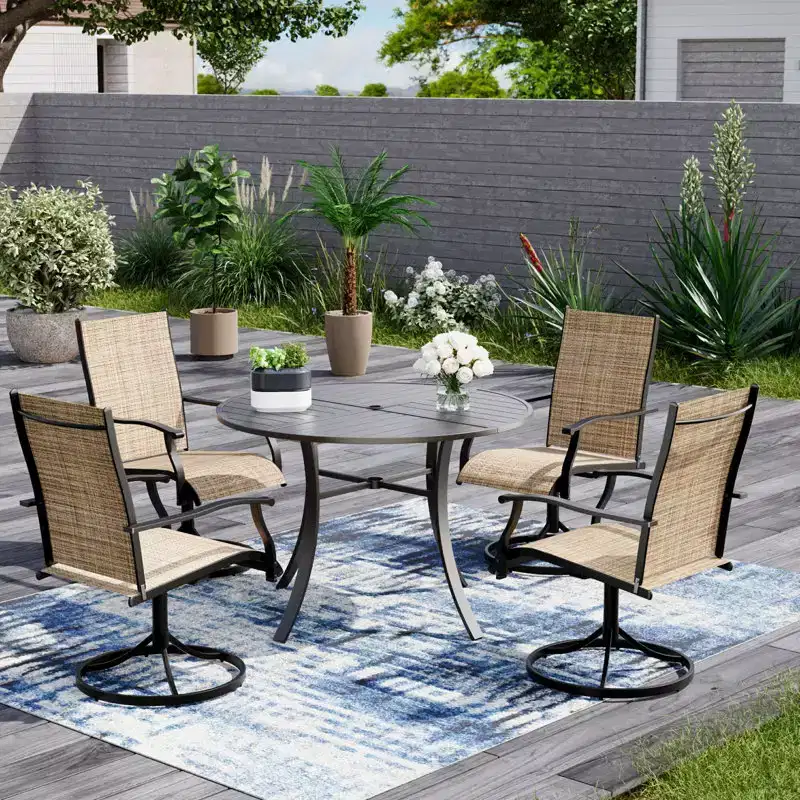 EROMMY 5 Piece Patio Dining Set, Outdoor Dining Table And Chairs Set For 4, 4 Swivel Chairs, 1 Iron Round Table With Adjustable Umbrella Hole