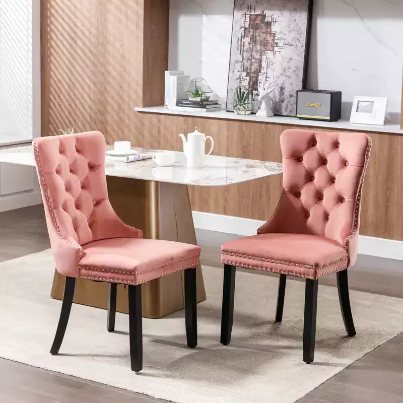 Harrington Collection Modern Tufted Velvet Dining Chairs, Solid Wood Legs with Nailhead Trim, Contemporary Upholstered Side Chair Set of 2, Pink