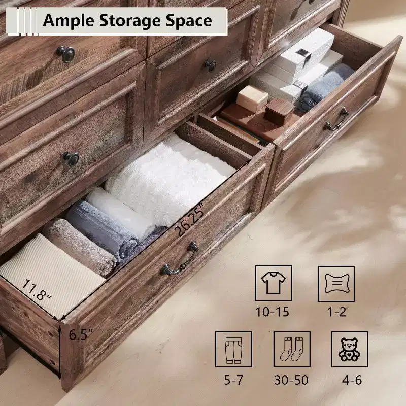 Mastgoal 61 Farmhouse Dresser with 8 Drawers, Rustic Wood Closet Storage with Roman Column for Bedroom