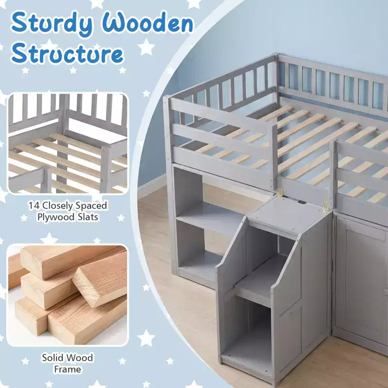 Twin Low Loft Bed with LED Light, Stairs & Guardrails, Modern Pine Wood Kids Bed, White/Mint/Gray