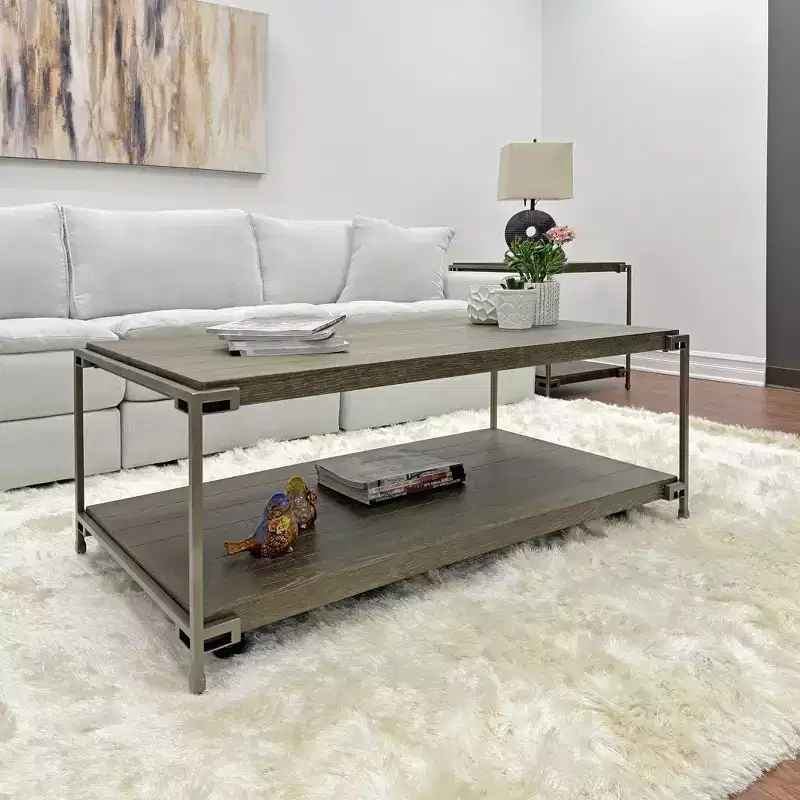 Industrial Metal - Frame Wooden Coffee Table with Rolling Casters