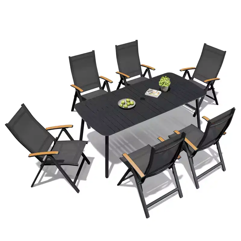 Crestlive Products 7pc Outdoor Dining set Patio Rectangle Table with Folding Chairs Aluminum Frame with Wood-Like Tabletop and Umbrella Hole