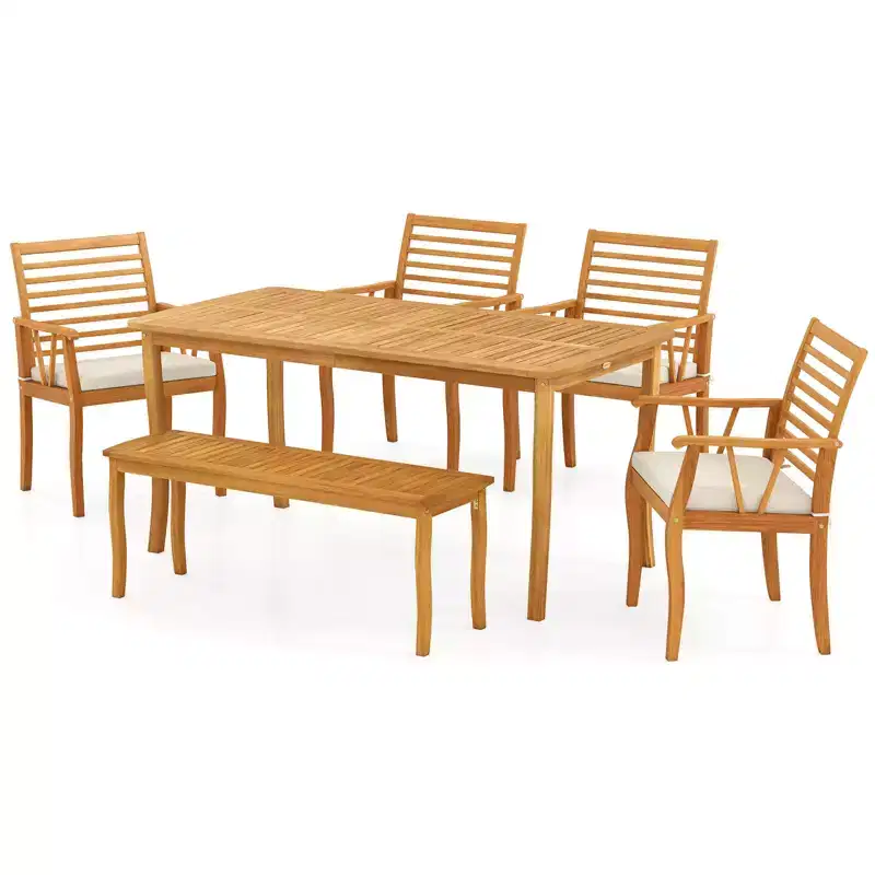 Costway 6PSCPatioDiningSet AcaciaWoodTableandBenchChairswith 1.97 Umbrella Hole