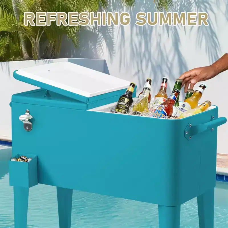 NAYSAYE 80 Quart Rolling Ice Chest Portable Bar Drink Cooler with Catch Basin, Bottom Storage Tray for Patio Party BBQ Beach, Blue, 34.3*15.2*35.8