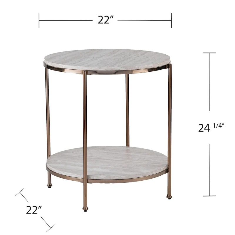 HomeRoots 24 Champagne Faux Marble And Iron Round End Table With Shelf - 22x22x24.25