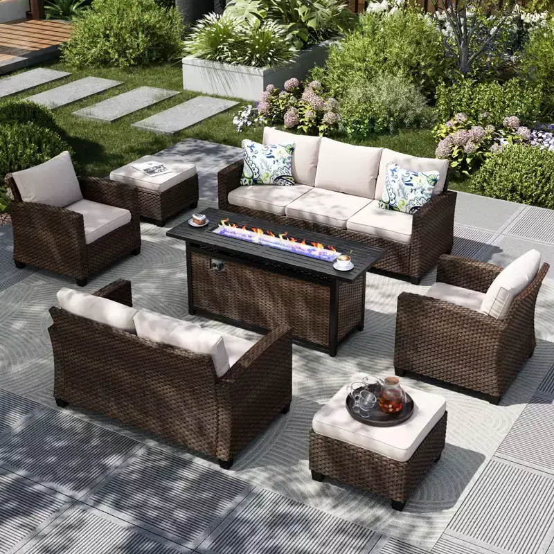 Captiva Designs 7pc Outdoor Patio Wicker Rattan Cushioned Sofa Fire Pit Set with Ottomans and Loveseat